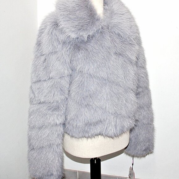 Avec Les Filles Luxurious Faux-Fur Cropped Paneled Coat in Grey Blue sz S $199 - Picture 9 of 16
